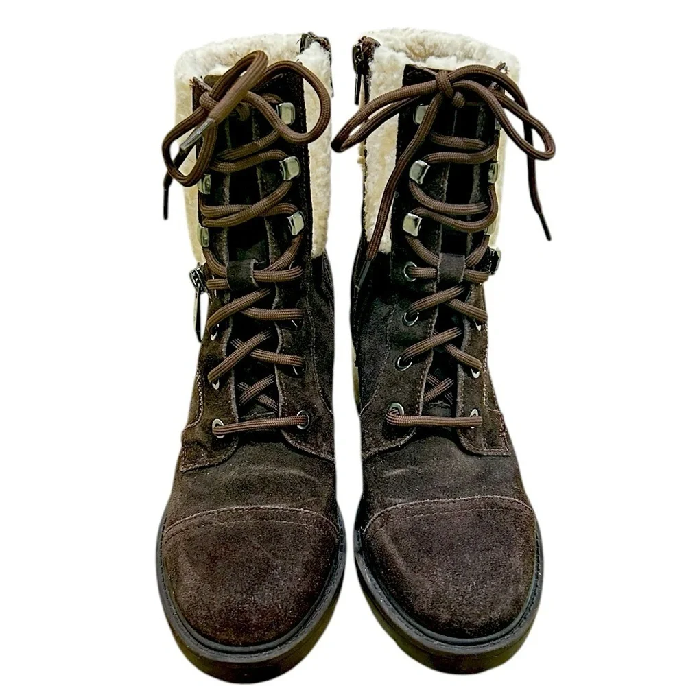 Marc Fisher Lansly Dark Brown suede lace up combat  Boots lug sole size 6.5